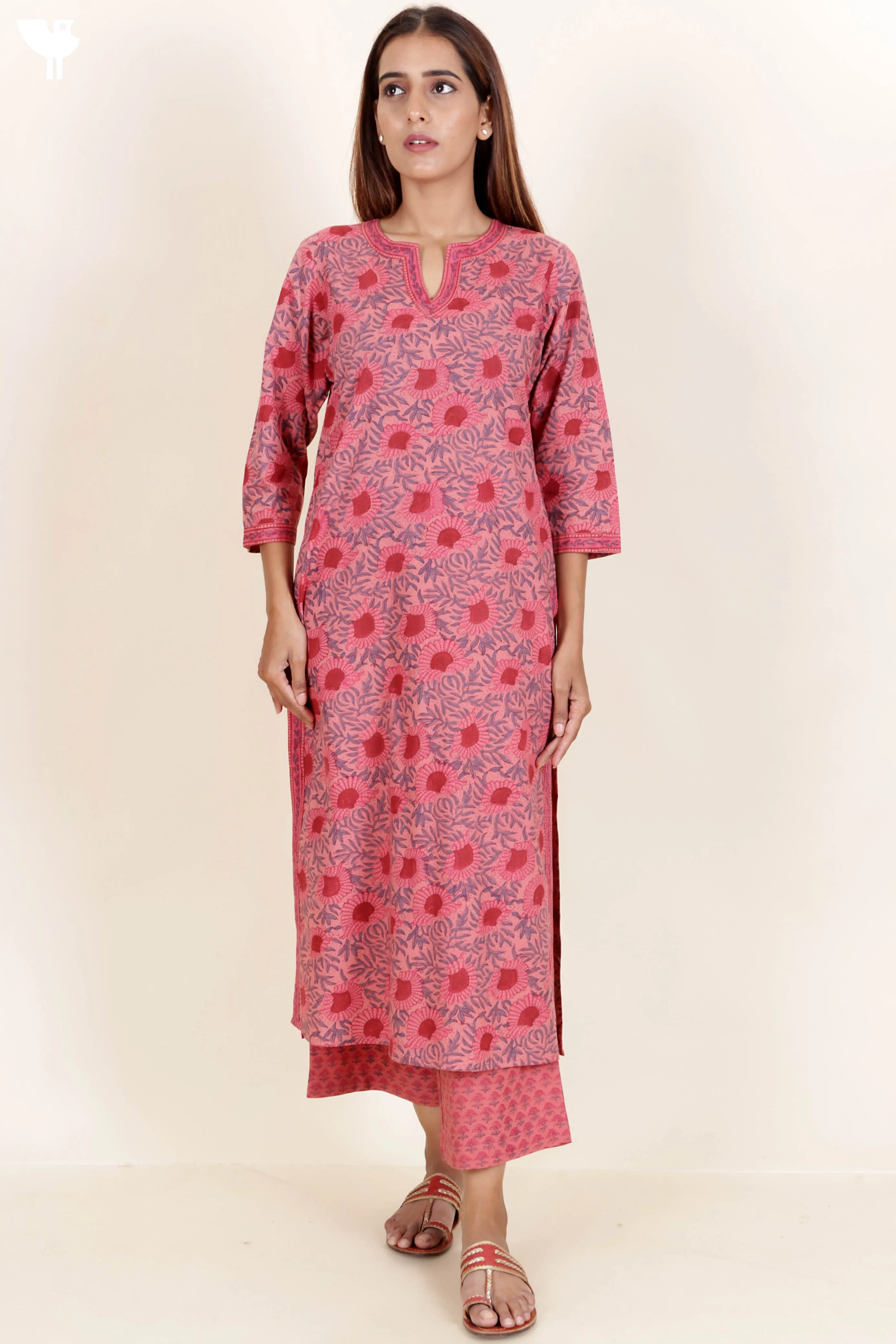 Cotton Kurta Pant And Dupatta Set In Floral Block Print