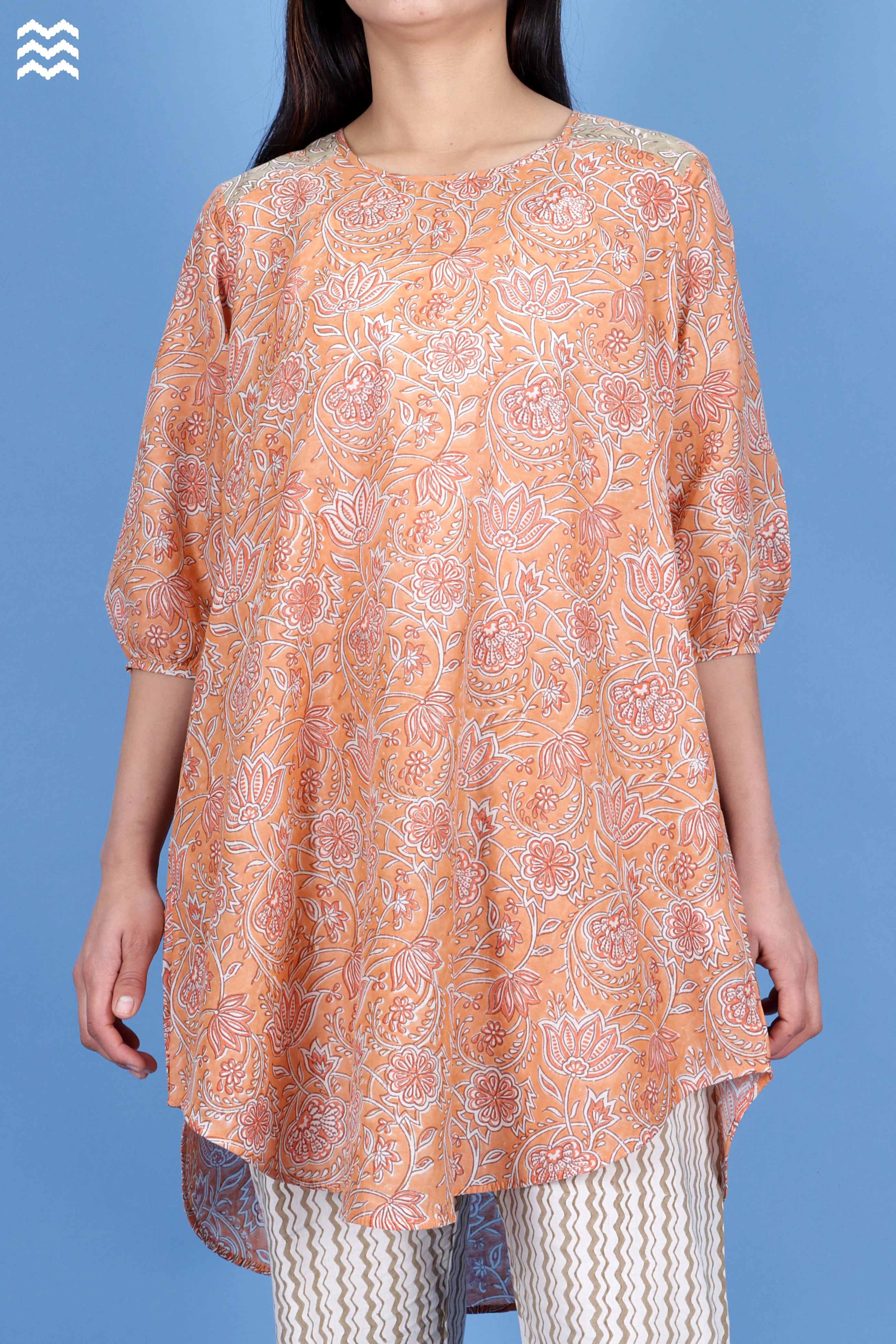 Cotton Silk Rose Top With Floral Block Print