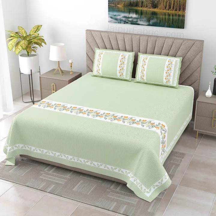 Eco-Friendly Blue Peach and Green Pure Cotton King Size Double Bedsheet Combo of 3