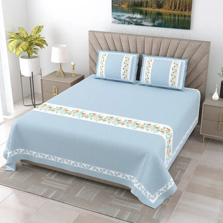 Eco-Friendly Blue Peach and Green Pure Cotton King Size Double Bedsheet Combo of 3