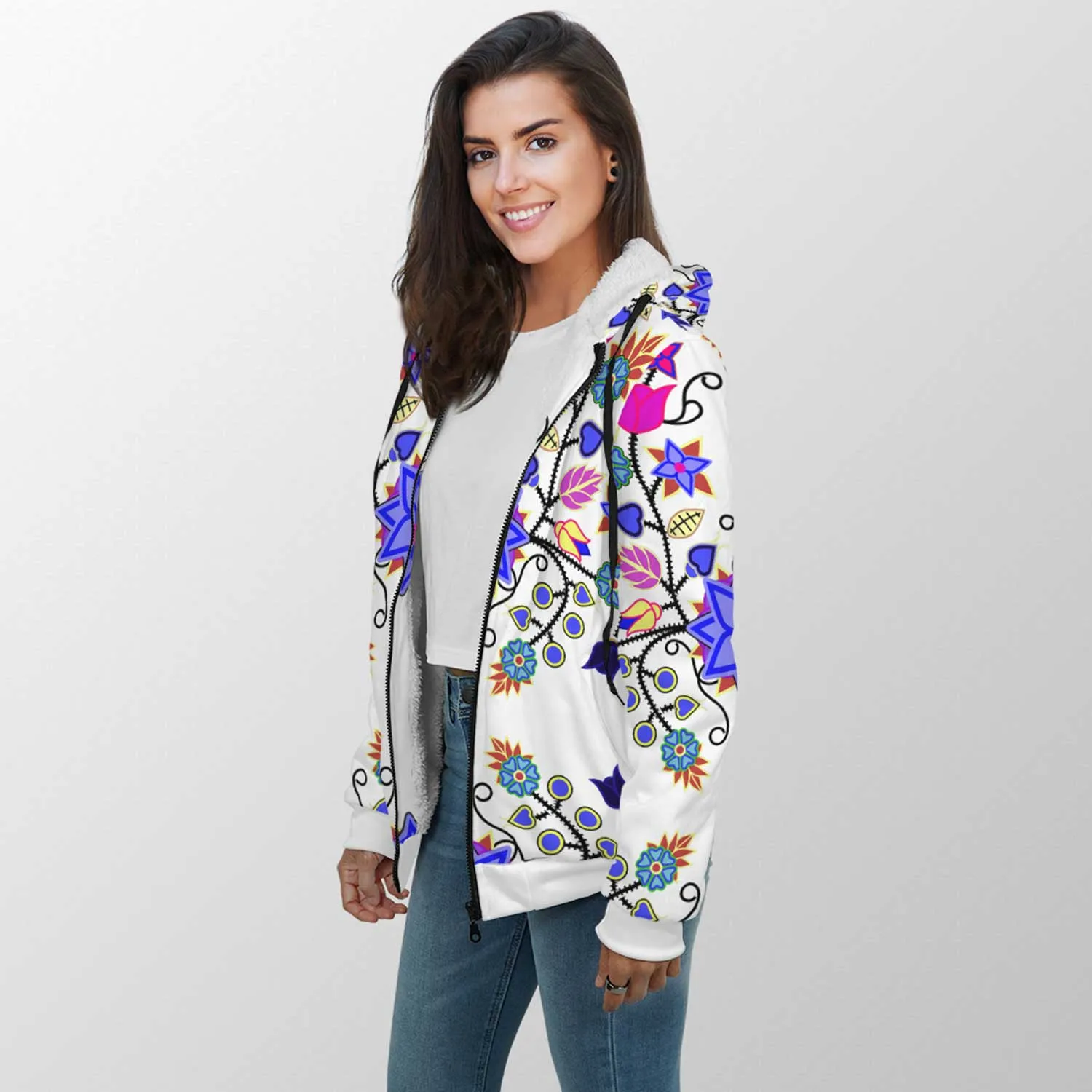 Floral Beadwork Seven Clans White Sherpa Hoodie
