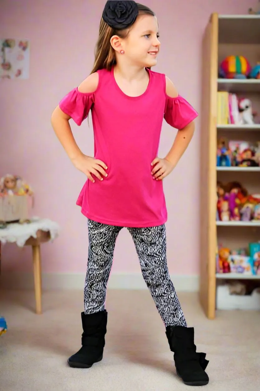 Girls Paisley Leggings, Kids Yoga Pants, Sizes S/L, No-Roll Waist, Black/White