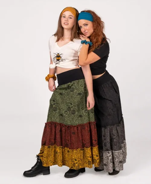 Green Three Tier Maxi Skirt with Pocket