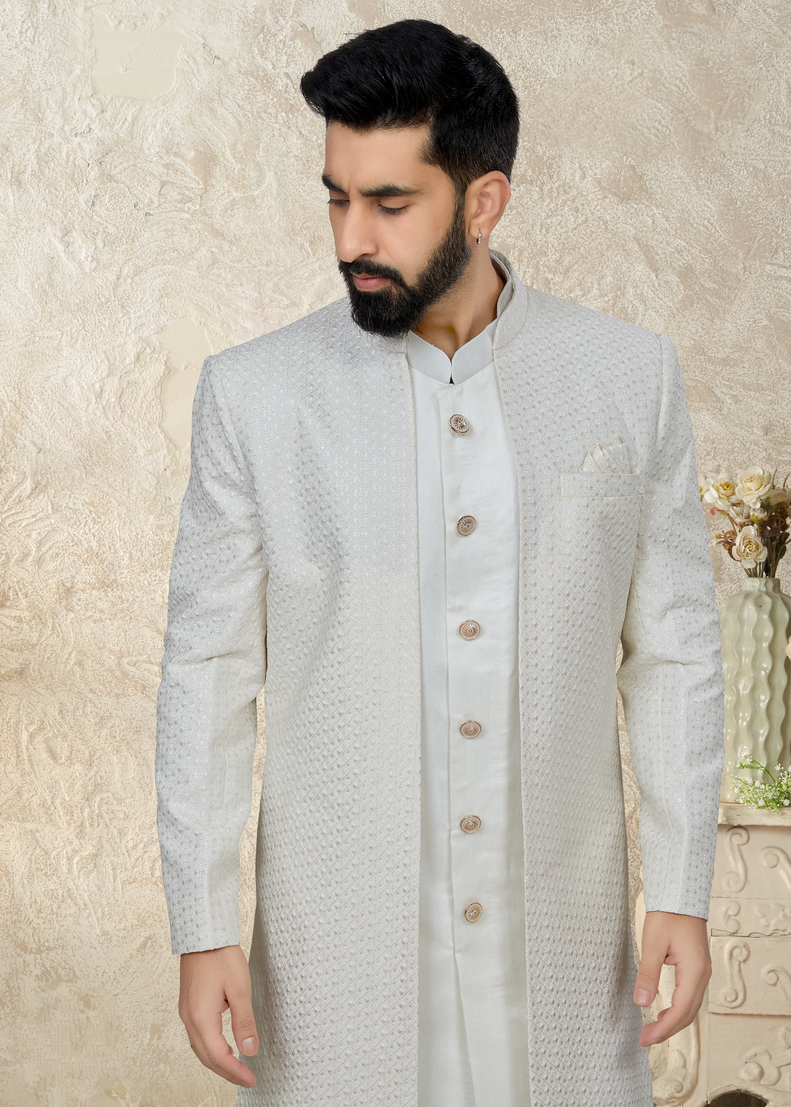 Light Grey Indo Western Suit with Subtle Embroidered Jacket