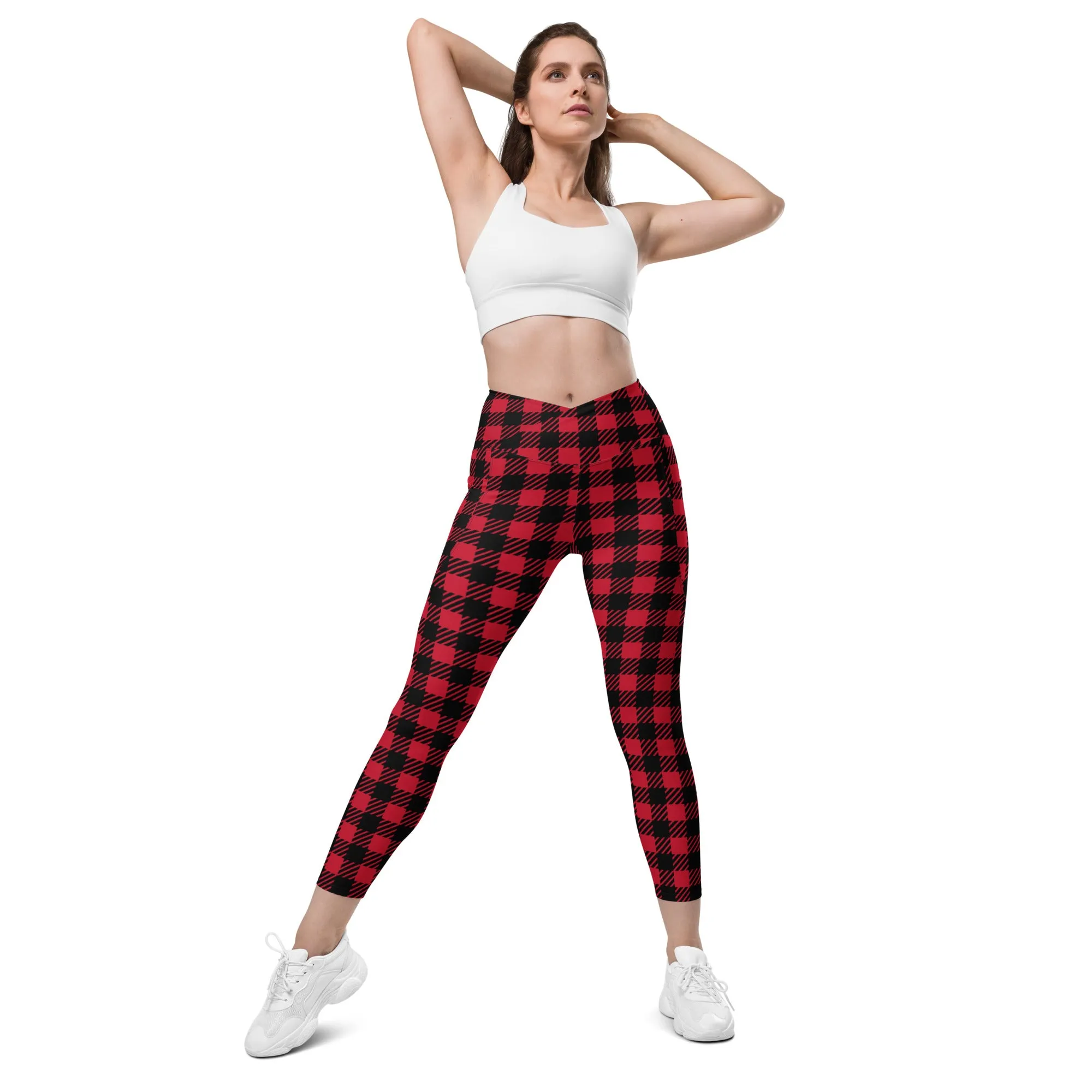 Red Plaid Print Women's Tights, Best Plaid Print Women's Crossover Leggings With Pockets For Ladies - Made in USA/EU/MX