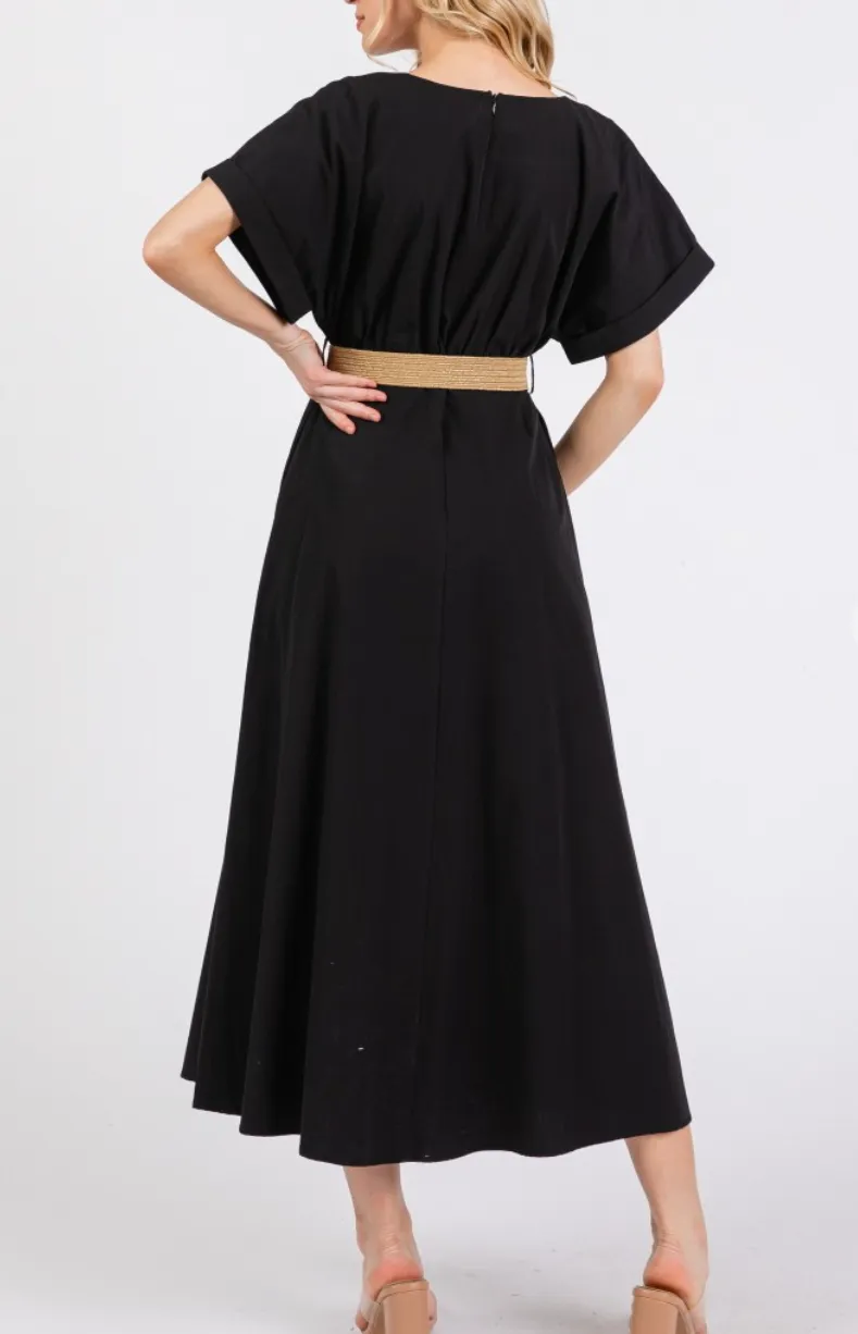 Woven Solid Short Sleeve V-Neck Maxi Dress