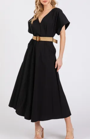 Woven Solid Short Sleeve V-Neck Maxi Dress