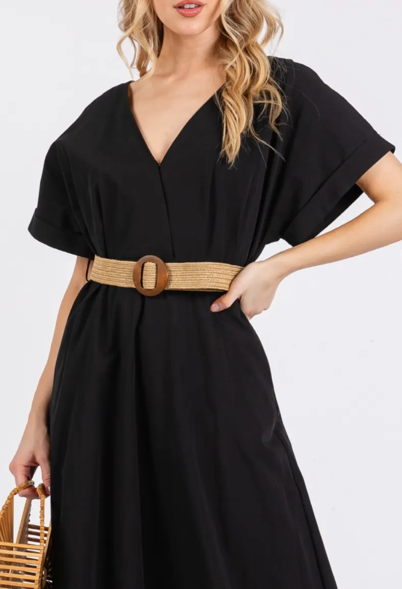 Woven Solid Short Sleeve V-Neck Maxi Dress