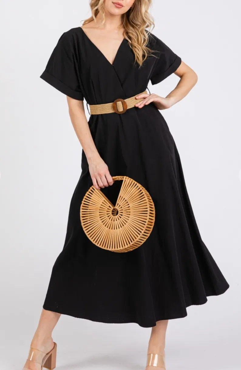 Woven Solid Short Sleeve V-Neck Maxi Dress