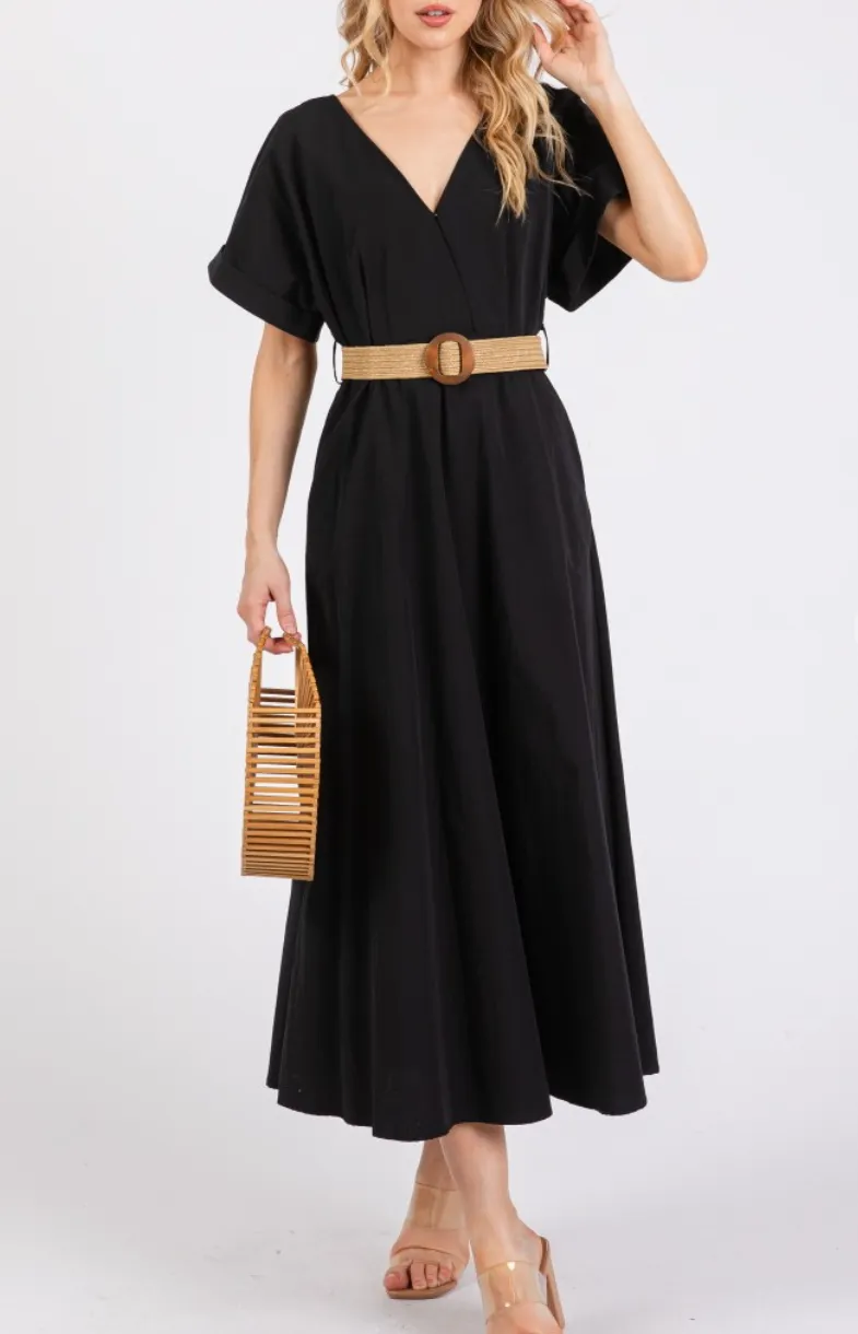 Woven Solid Short Sleeve V-Neck Maxi Dress