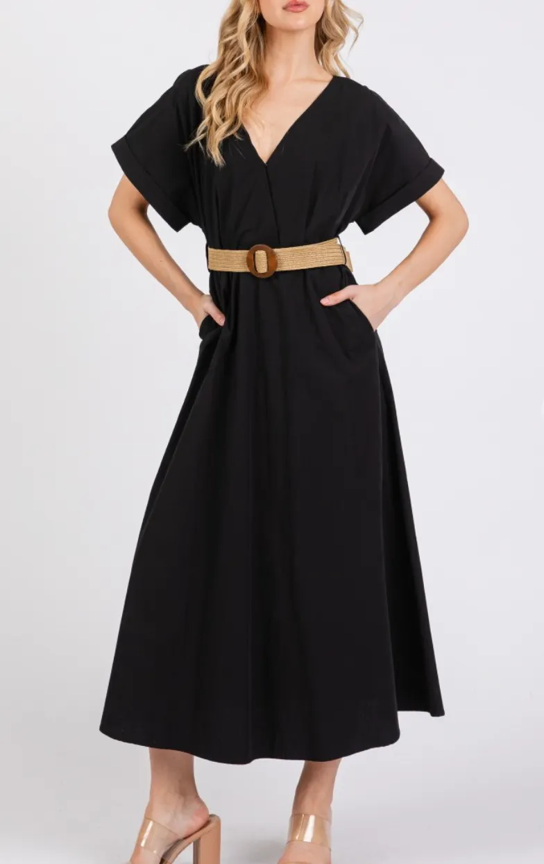 Woven Solid Short Sleeve V-Neck Maxi Dress